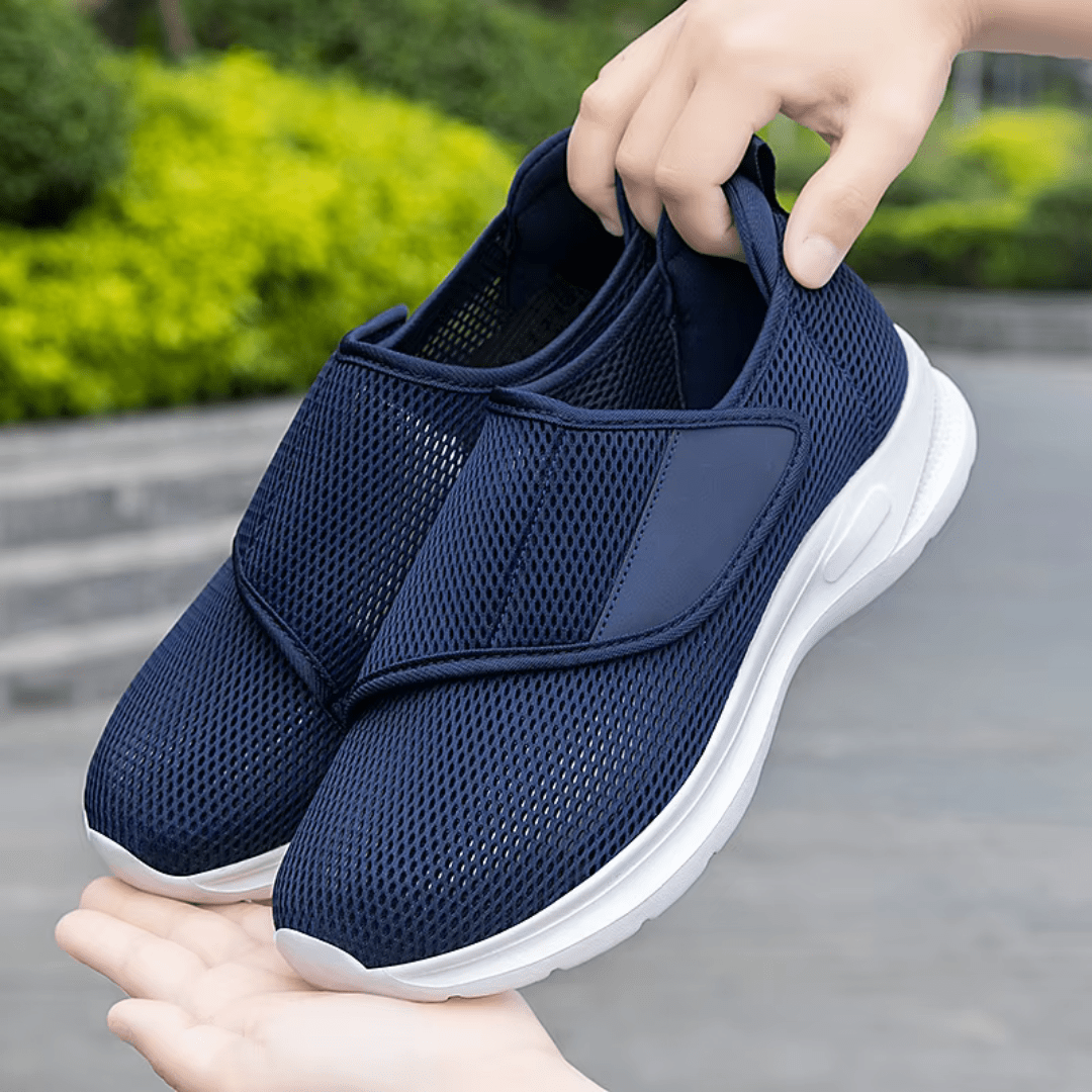 Stretchy wide-fit orthopedic shoes for swollen feet, in gray, black and black and white