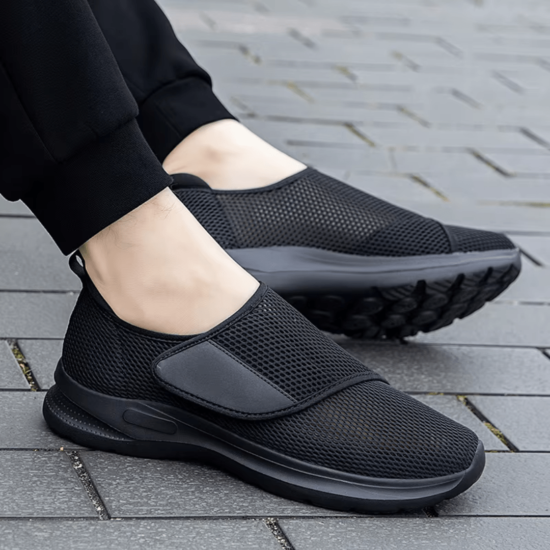 Stretchy wide-fit orthopedic shoes for swollen feet, in gray, black and black and white