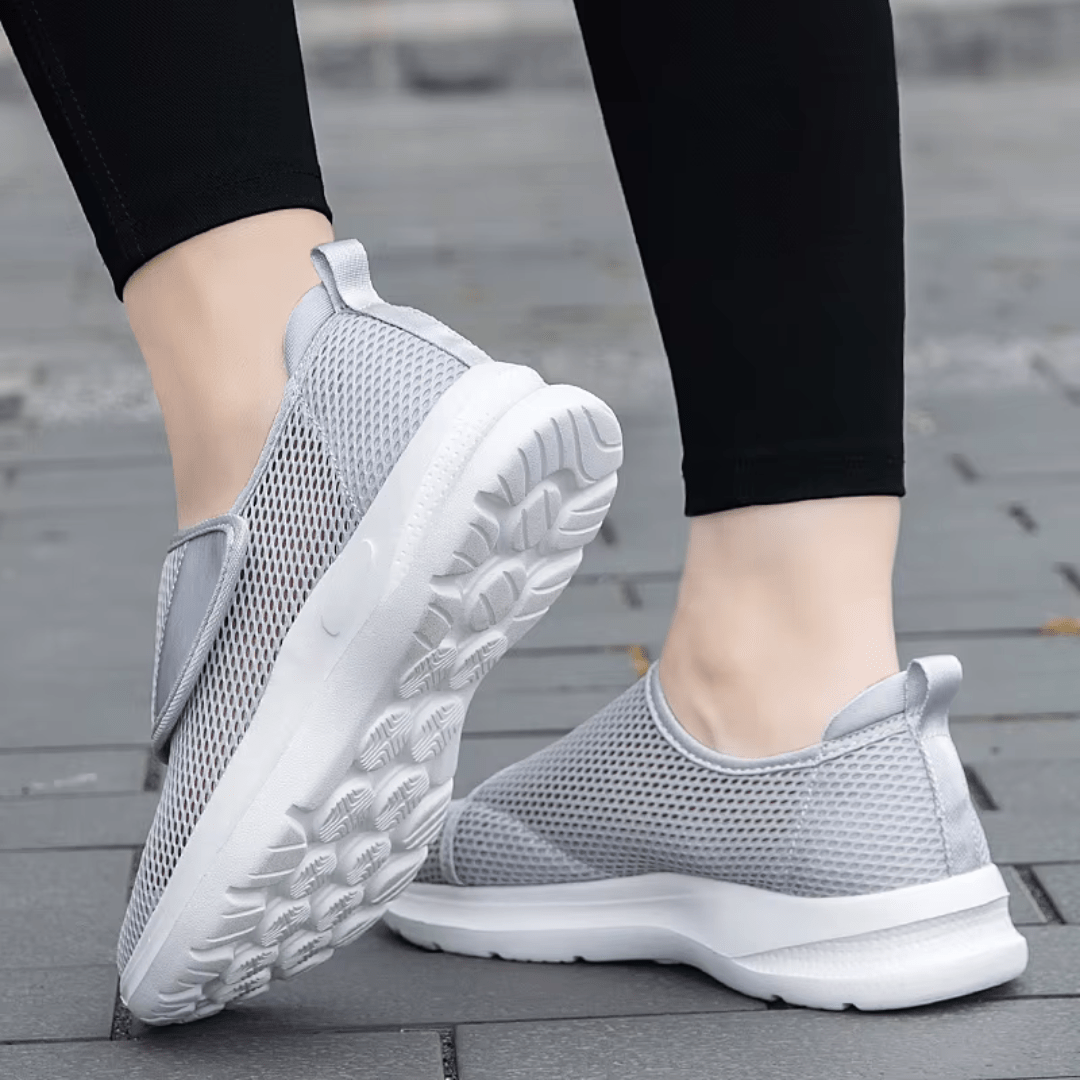 Stretchy wide-fit orthopedic shoes for swollen feet, in gray, black and black and white