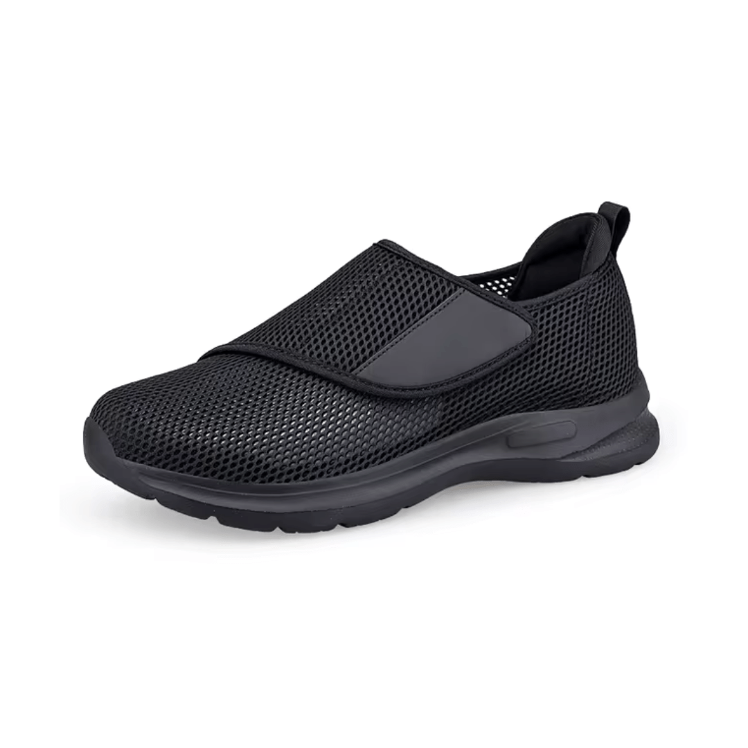 Stretchy wide-fit orthopedic shoes for swollen feet, in gray, black and black and white