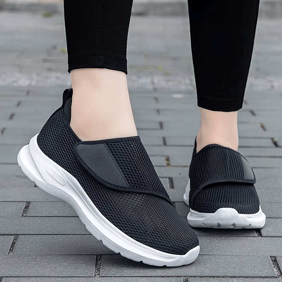 Stretchy wide-fit orthopedic shoes for swollen feet, in gray, black and black and white