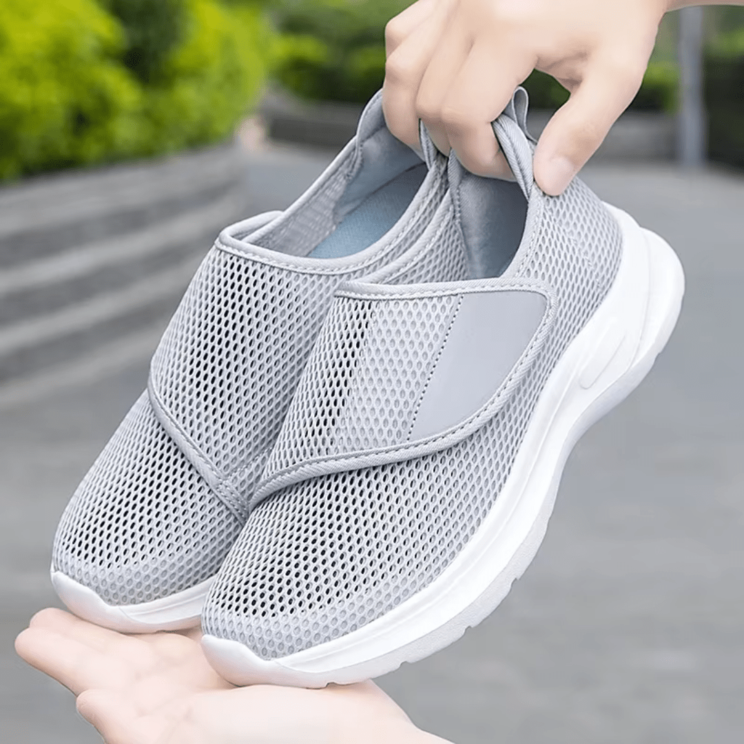 Stretchy wide-fit orthopedic shoes for swollen feet, in gray, black and black and white