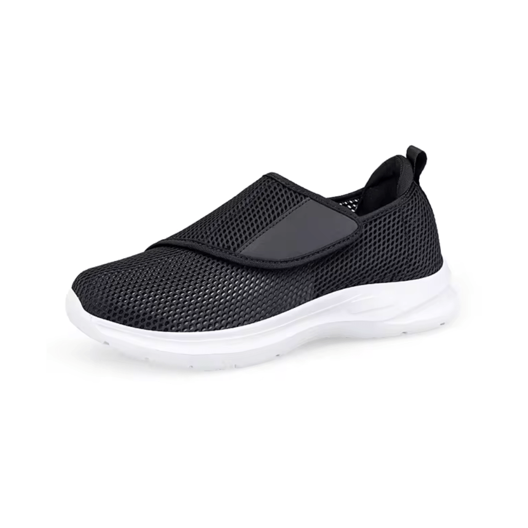 Stretchy wide-fit orthopedic shoes for swollen feet, in gray, black and black and white