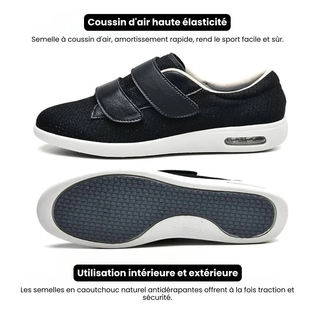 Orthopedic shoes with a wide hook-and-loop strap across the instep for easy slip-on