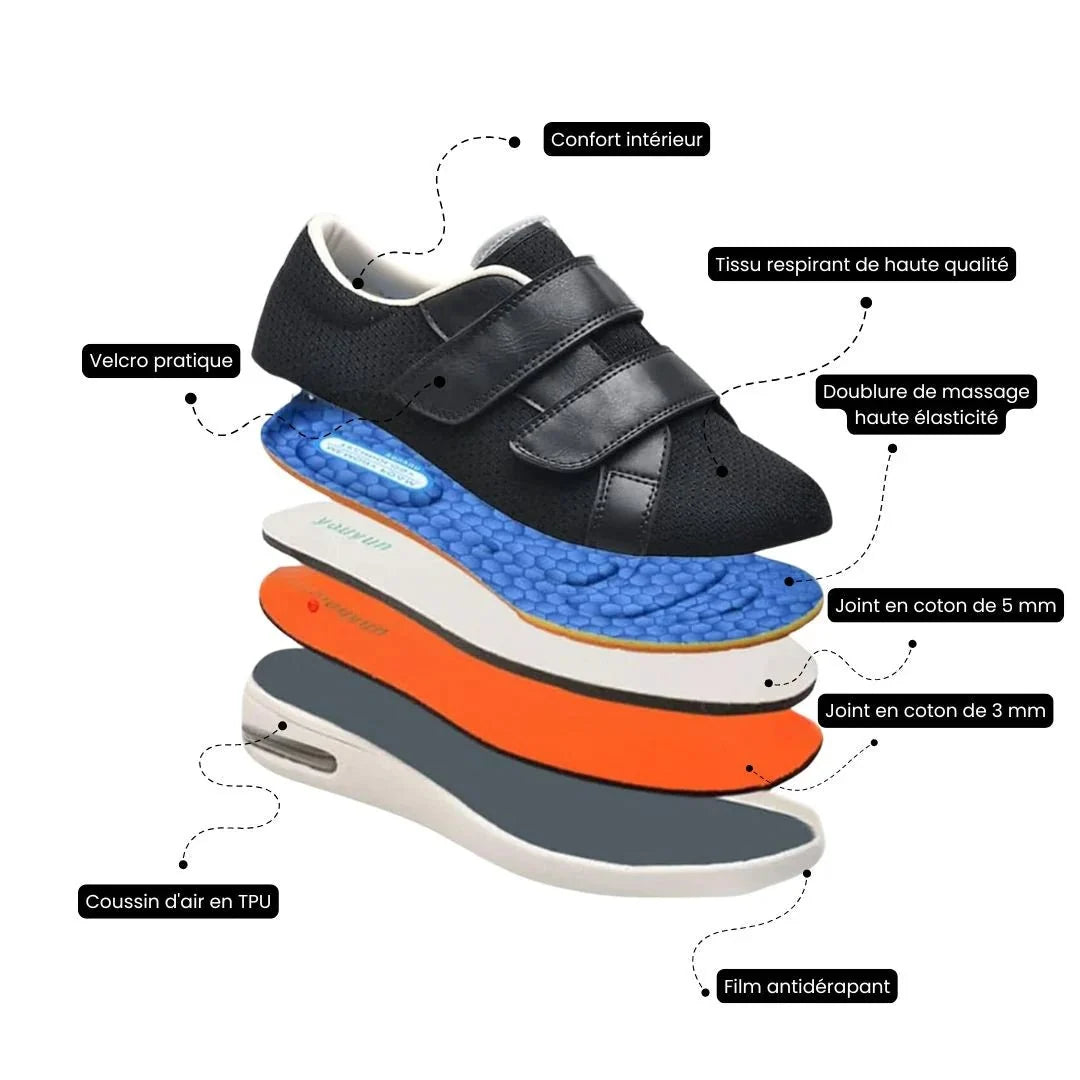 Orthopedic shoes with a wide hook-and-loop strap across the instep for easy slip-on