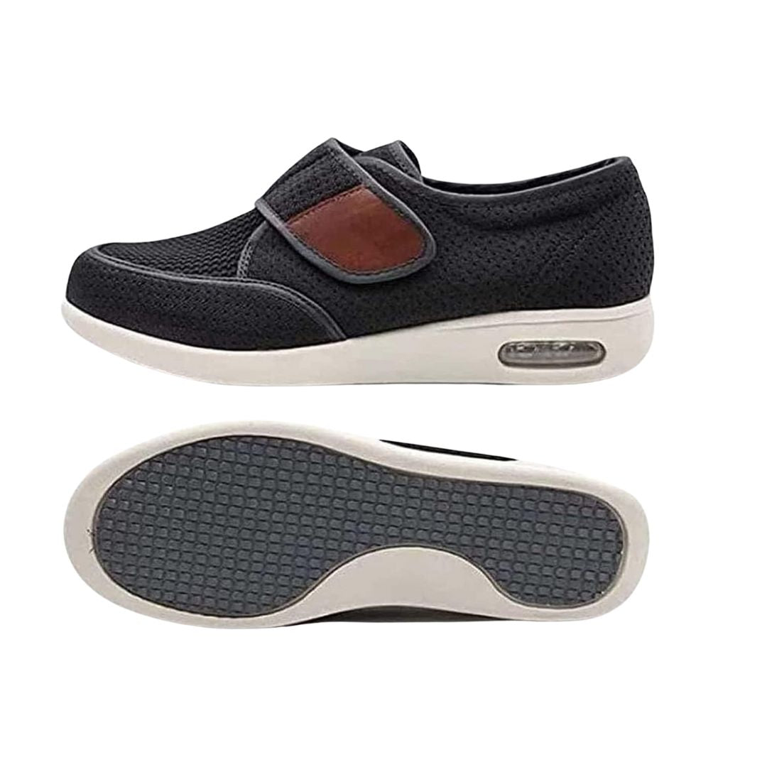 Black wide orthopedic shoes with hook-and-loop straps across the instep