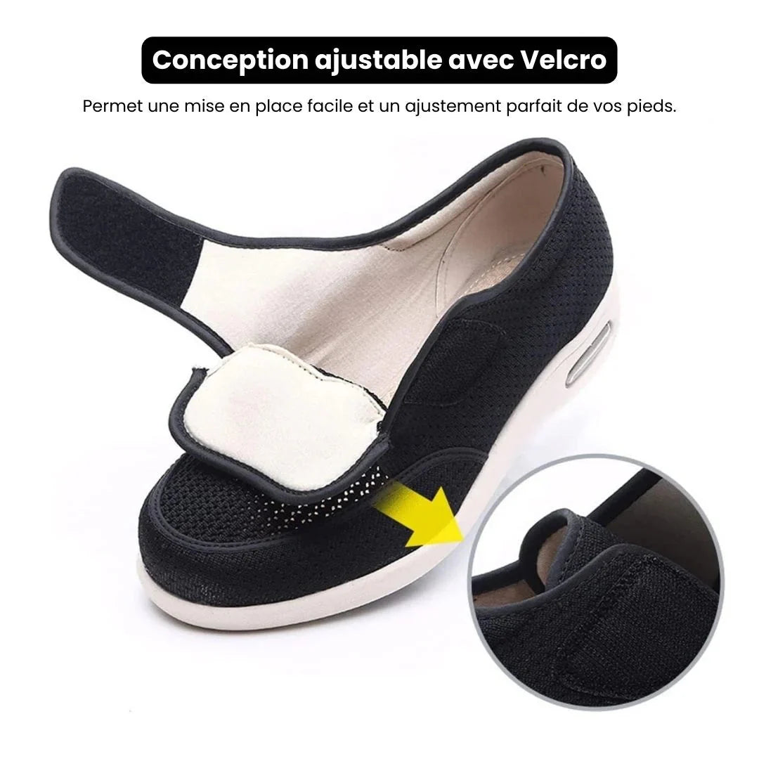 Women's orthopedic shoes closed by a hook-and-loop strap across the instep