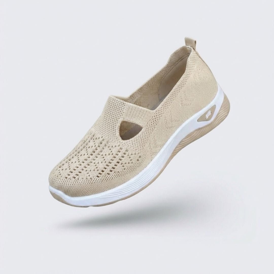Lightweight breathable summer shoes for women with a cushioned arch-support sole, in cream and green