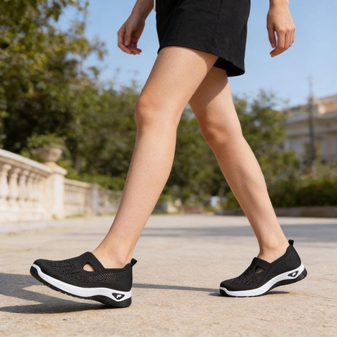 Lightweight breathable summer shoes for women with a cushioned arch-support sole, in cream and green