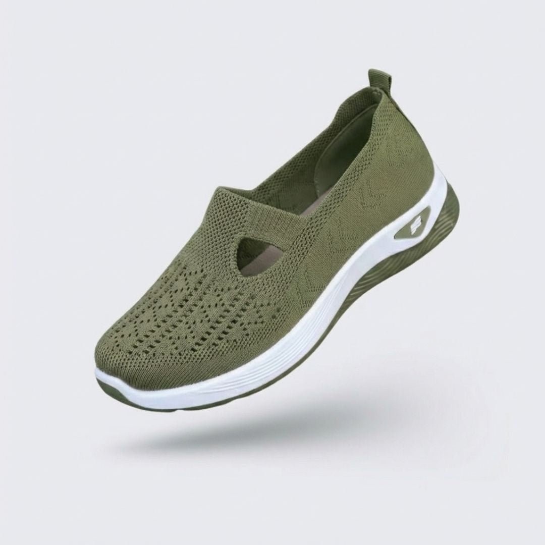 Lightweight breathable summer shoes for women with a cushioned arch-support sole, in cream and green