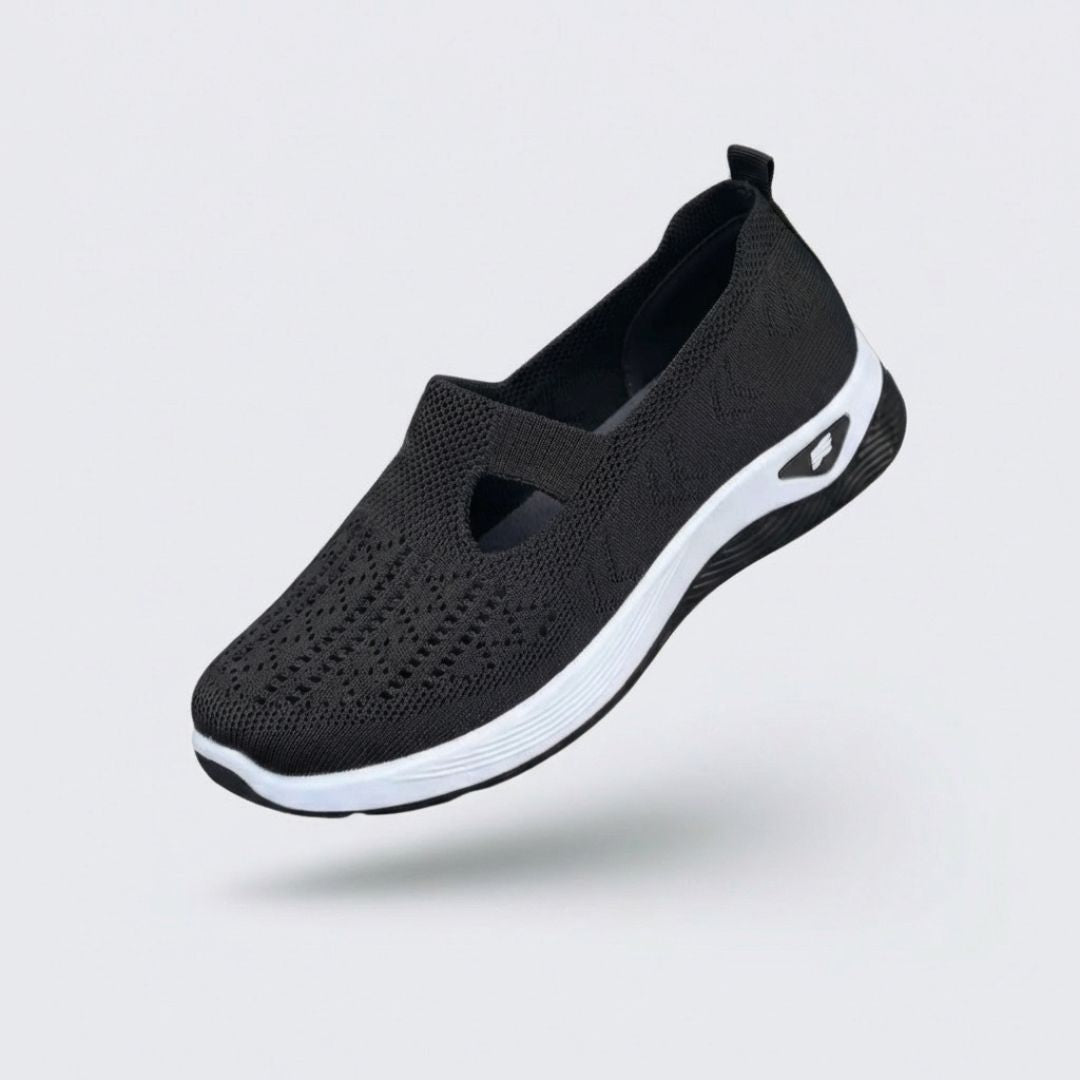 Lightweight breathable summer shoes for women with a cushioned arch-support sole, in cream and green