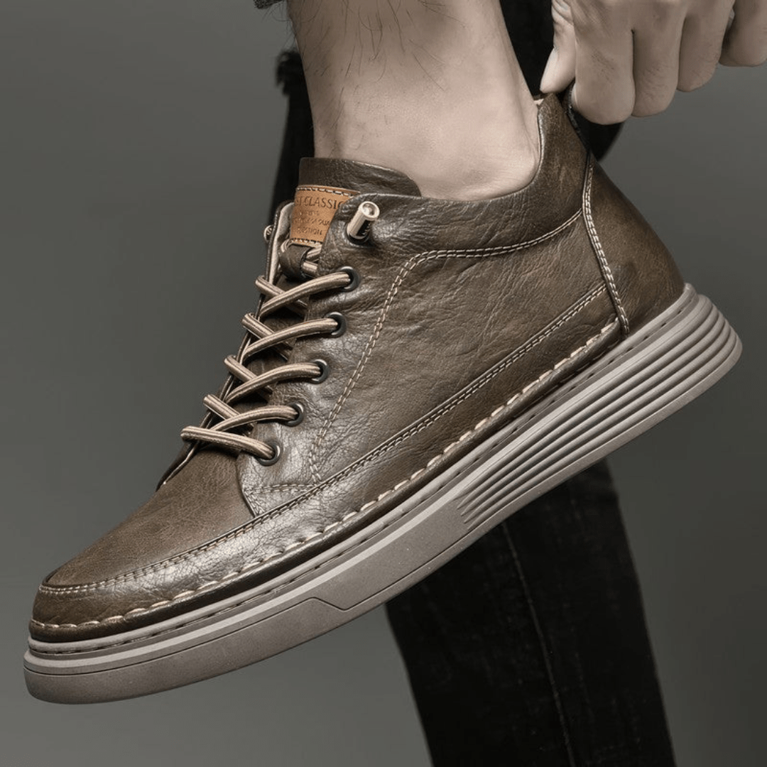 Black leather orthopedic dress shoes for men with a lace-up front