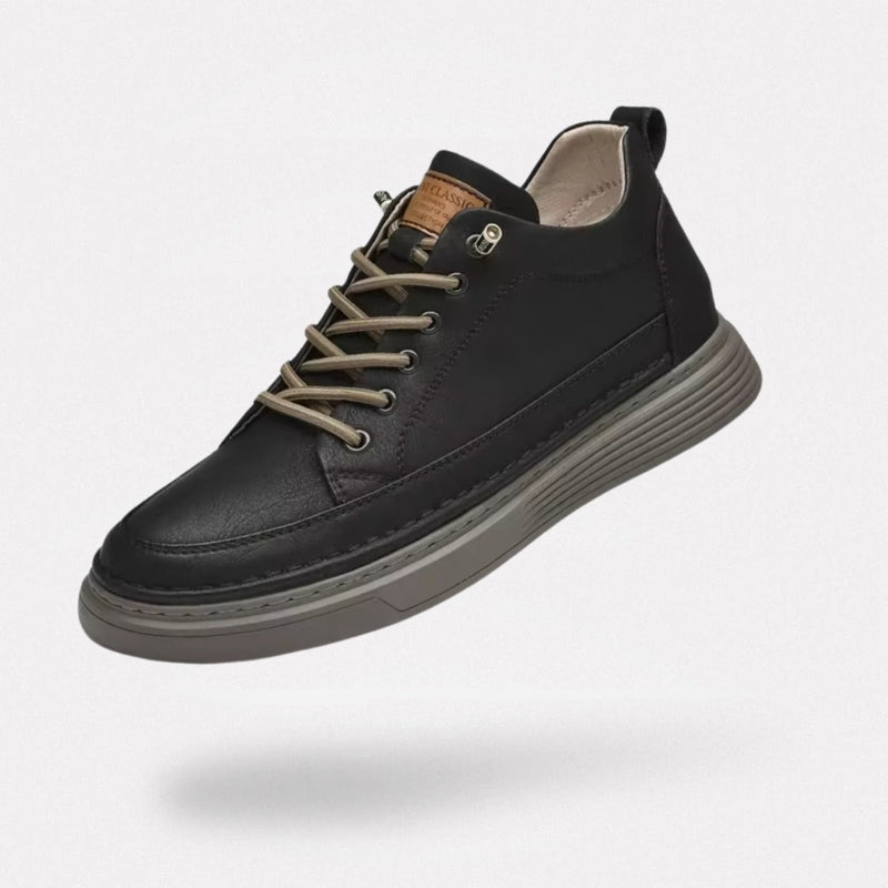 Black leather orthopedic dress shoes for men with a lace-up front