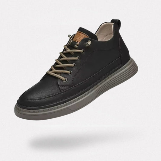 Black leather orthopedic dress shoes for men with a lace-up front