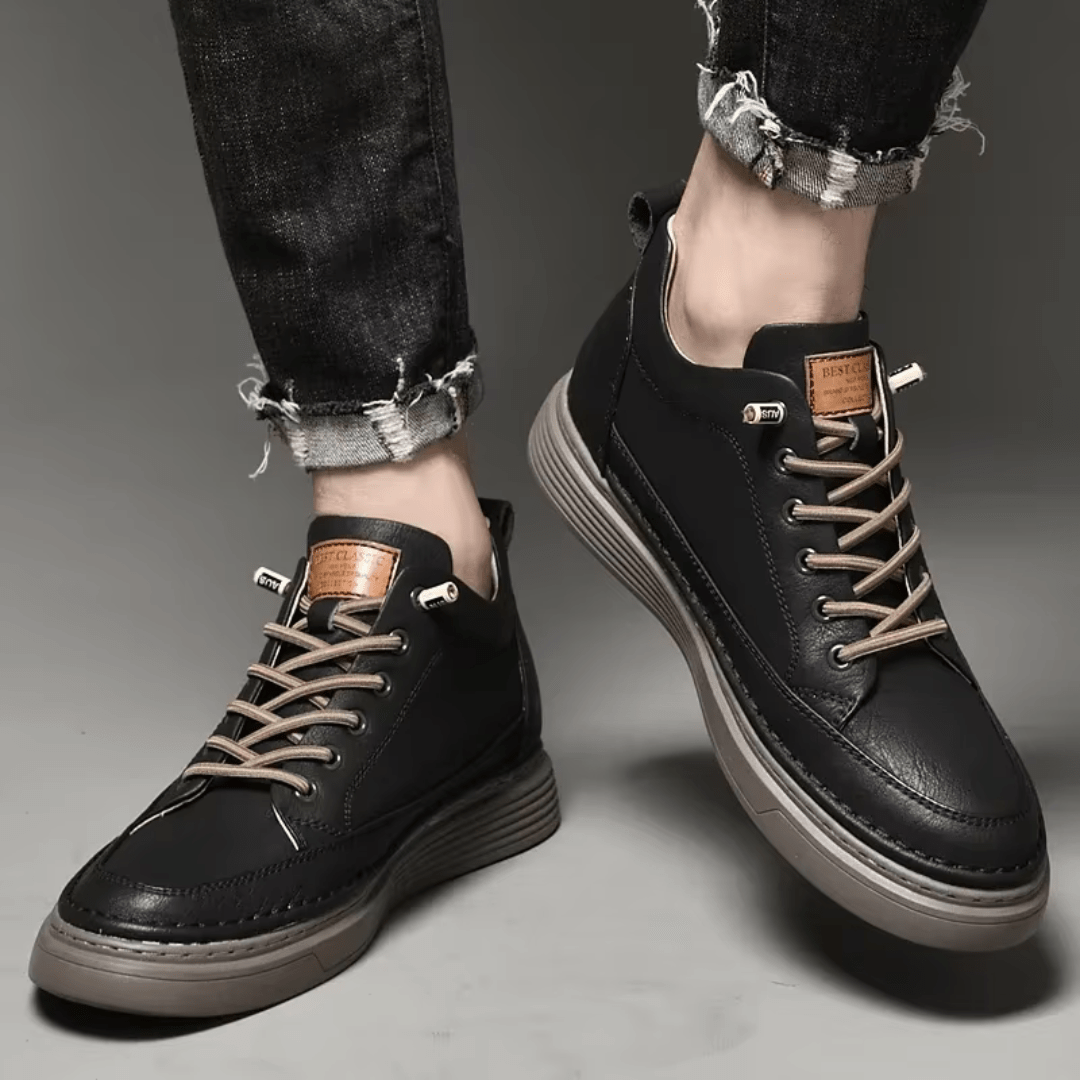 Black leather orthopedic dress shoes for men with a lace-up front
