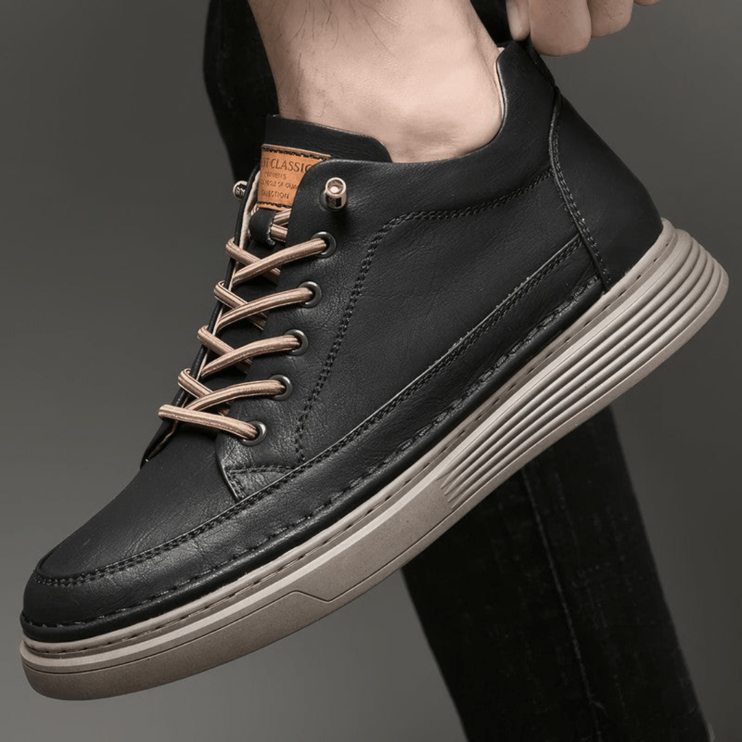 Black leather orthopedic dress shoes for men with a lace-up front