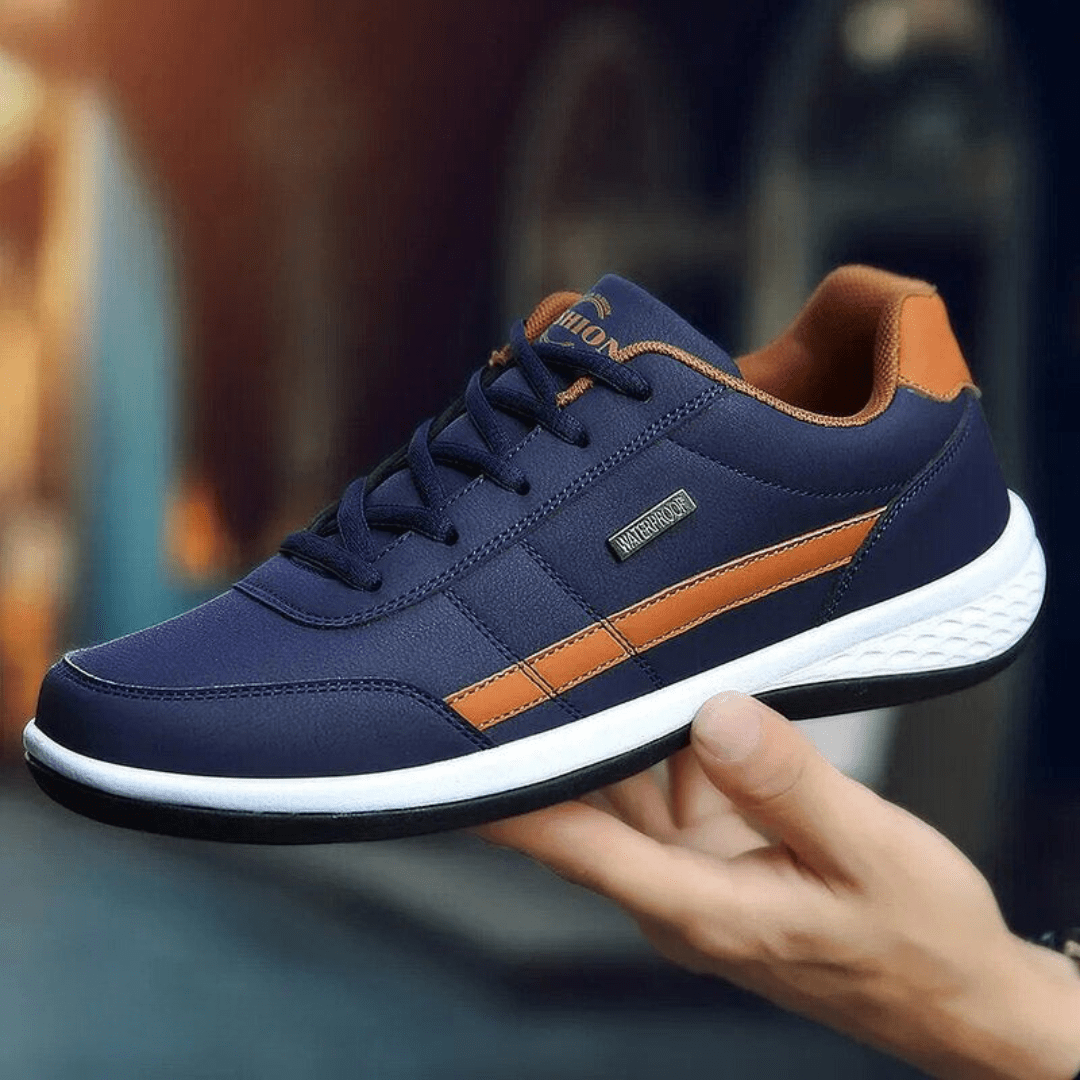 Men's orthopedic dress shoes in gray, white and black with a cushioned sole