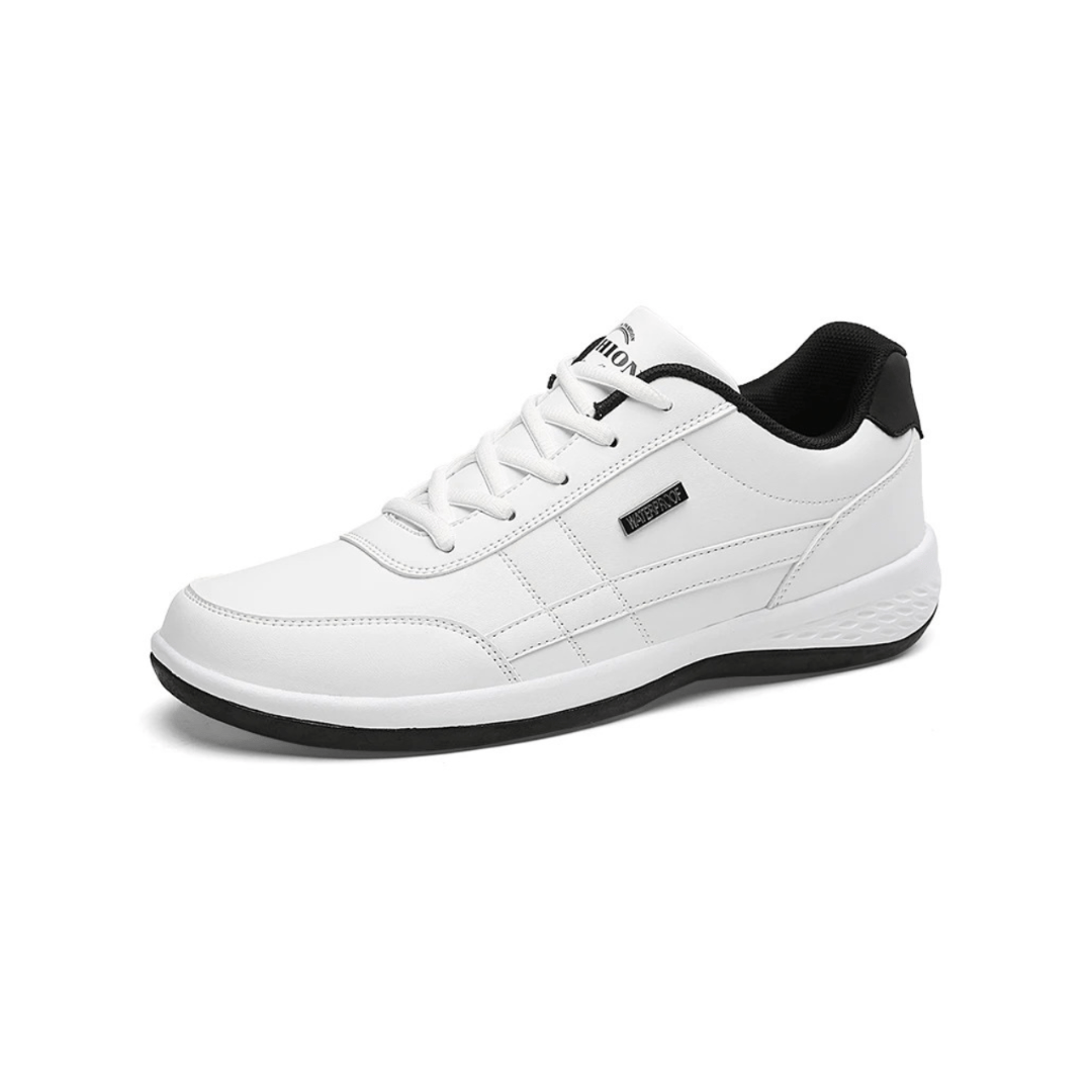 Men's orthopedic dress shoes in gray, white and black with a cushioned sole