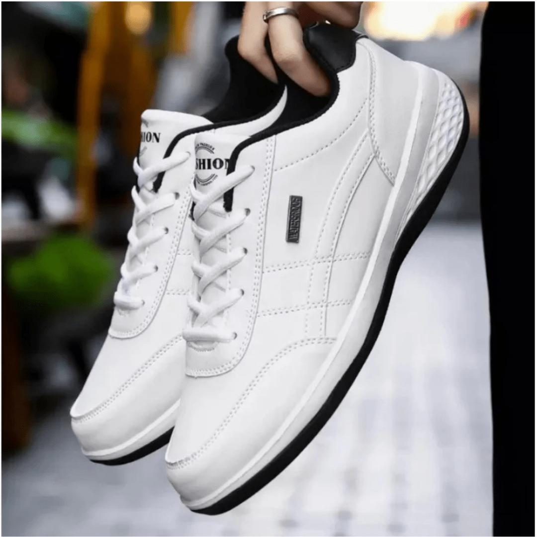 Men's orthopedic dress shoes in gray, white and black with a cushioned sole