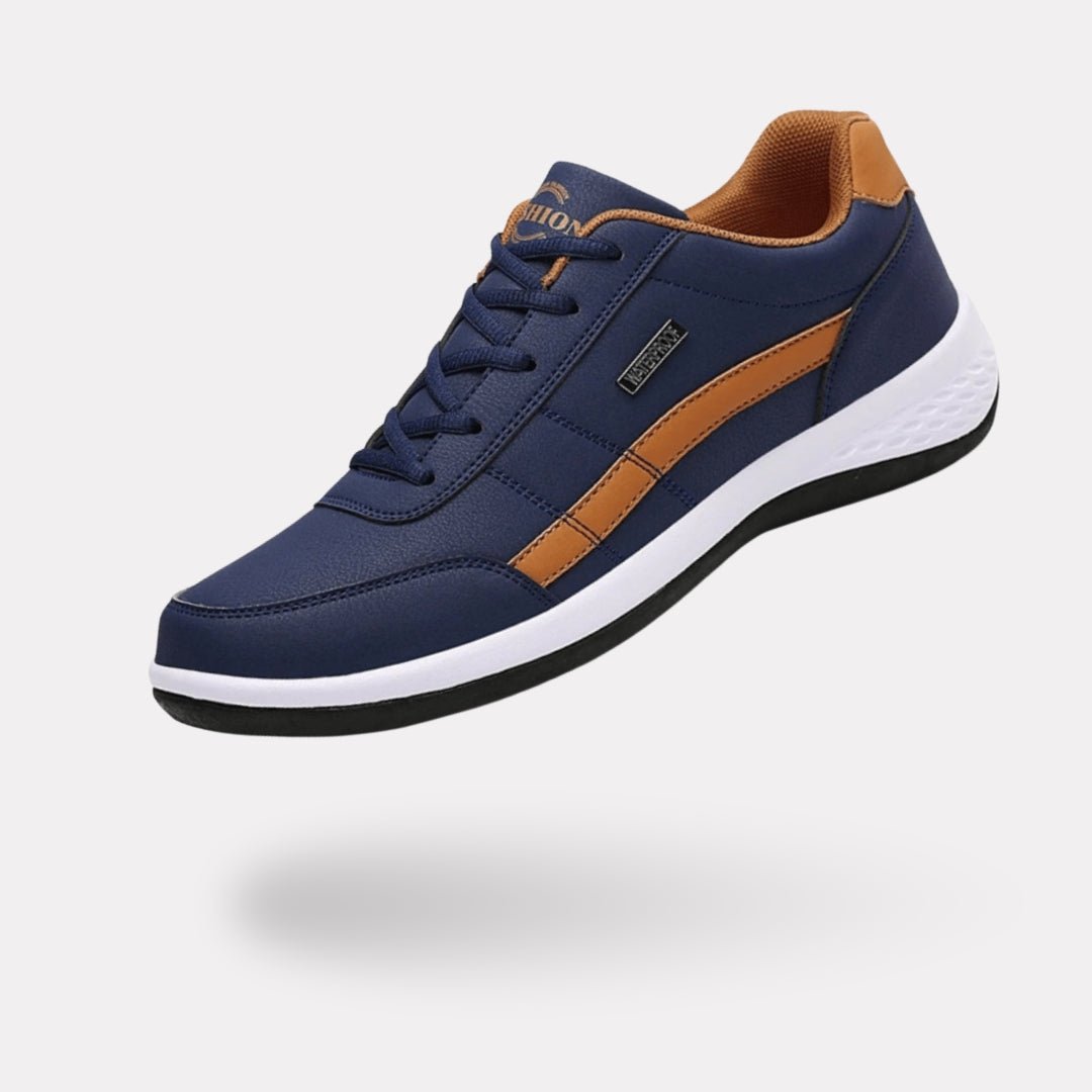 Men's orthopedic dress shoes in gray, white and black with a cushioned sole