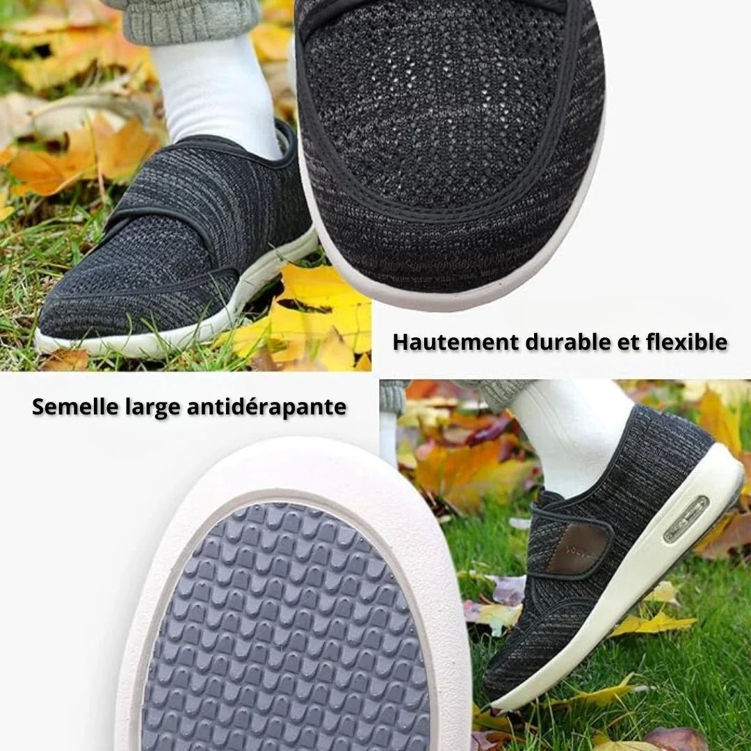 Black wide orthopedic shoes with hook-and-loop straps across the instep