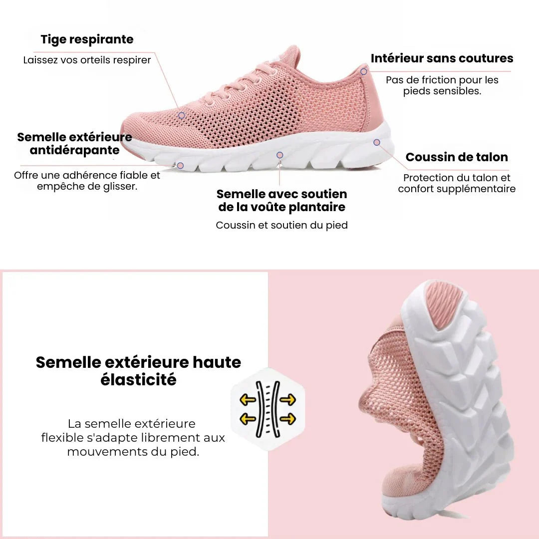 Breathable orthopedic shoes with a knit mesh upper, in black, white and pink