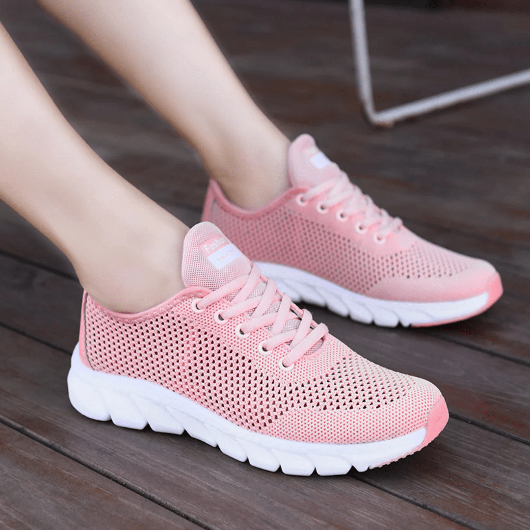 Breathable orthopedic shoes with a knit mesh upper, in black, white and pink
