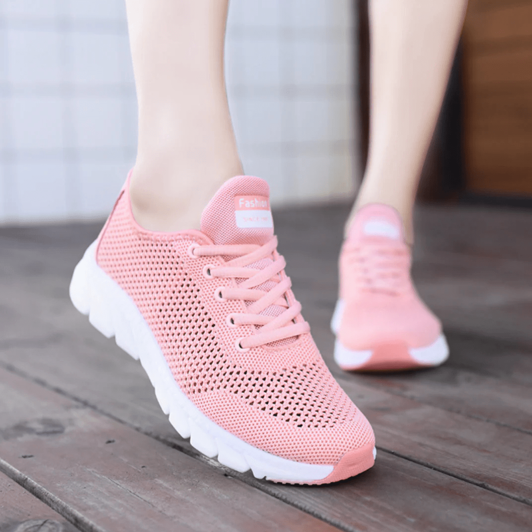 Breathable orthopedic shoes with a knit mesh upper, in black, white and pink