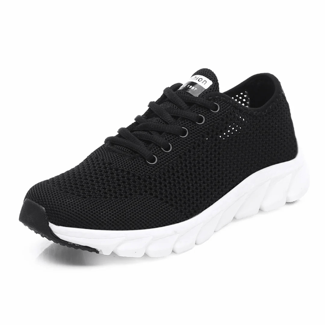 Breathable orthopedic shoes with a knit mesh upper, in black, white and pink