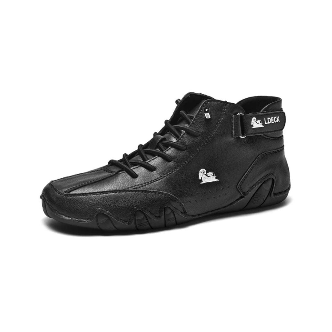 Leather high-top orthopedic shoes covering the ankle, in brown, white, gray, black and khaki