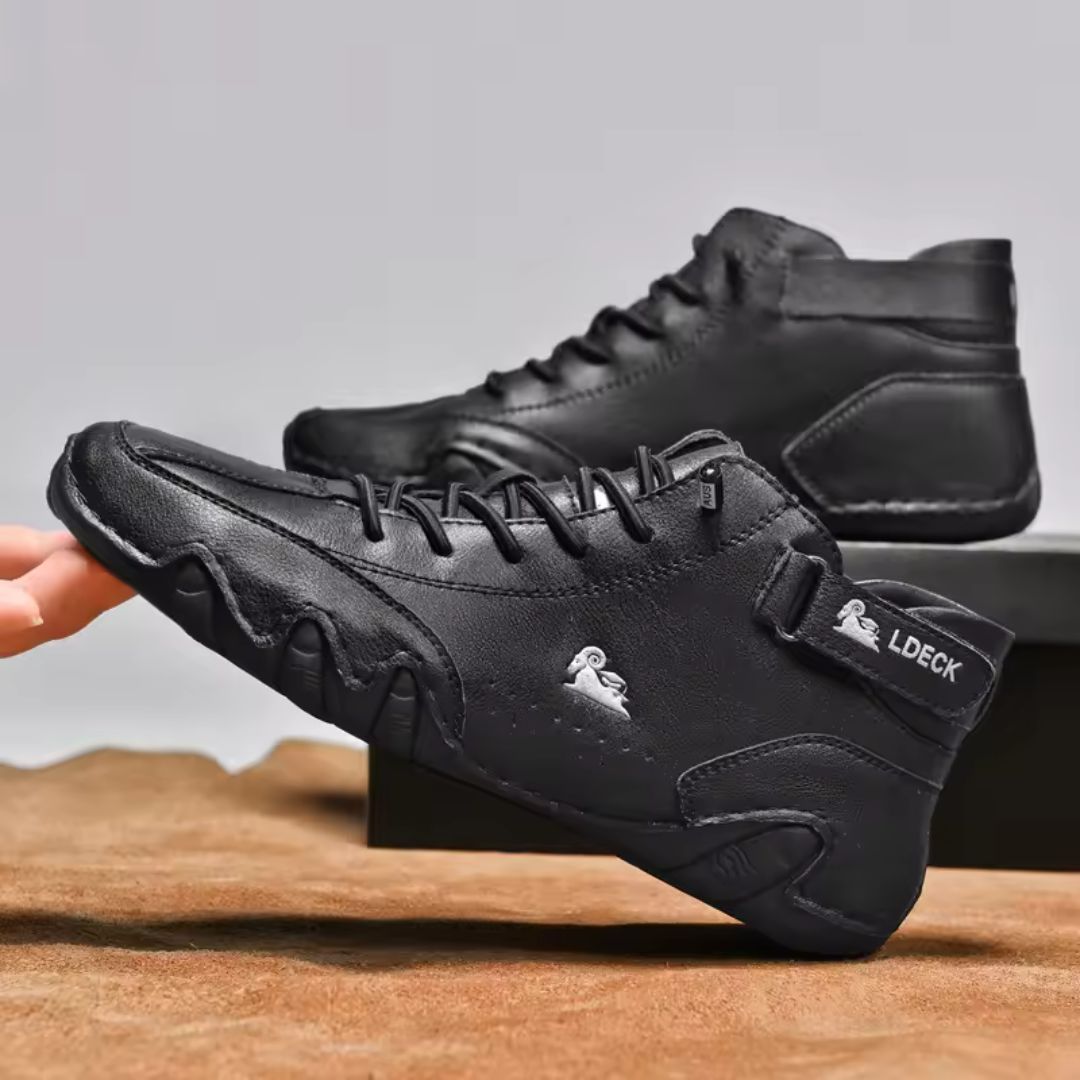 Leather high-top orthopedic shoes covering the ankle, in brown, white, gray, black and khaki
