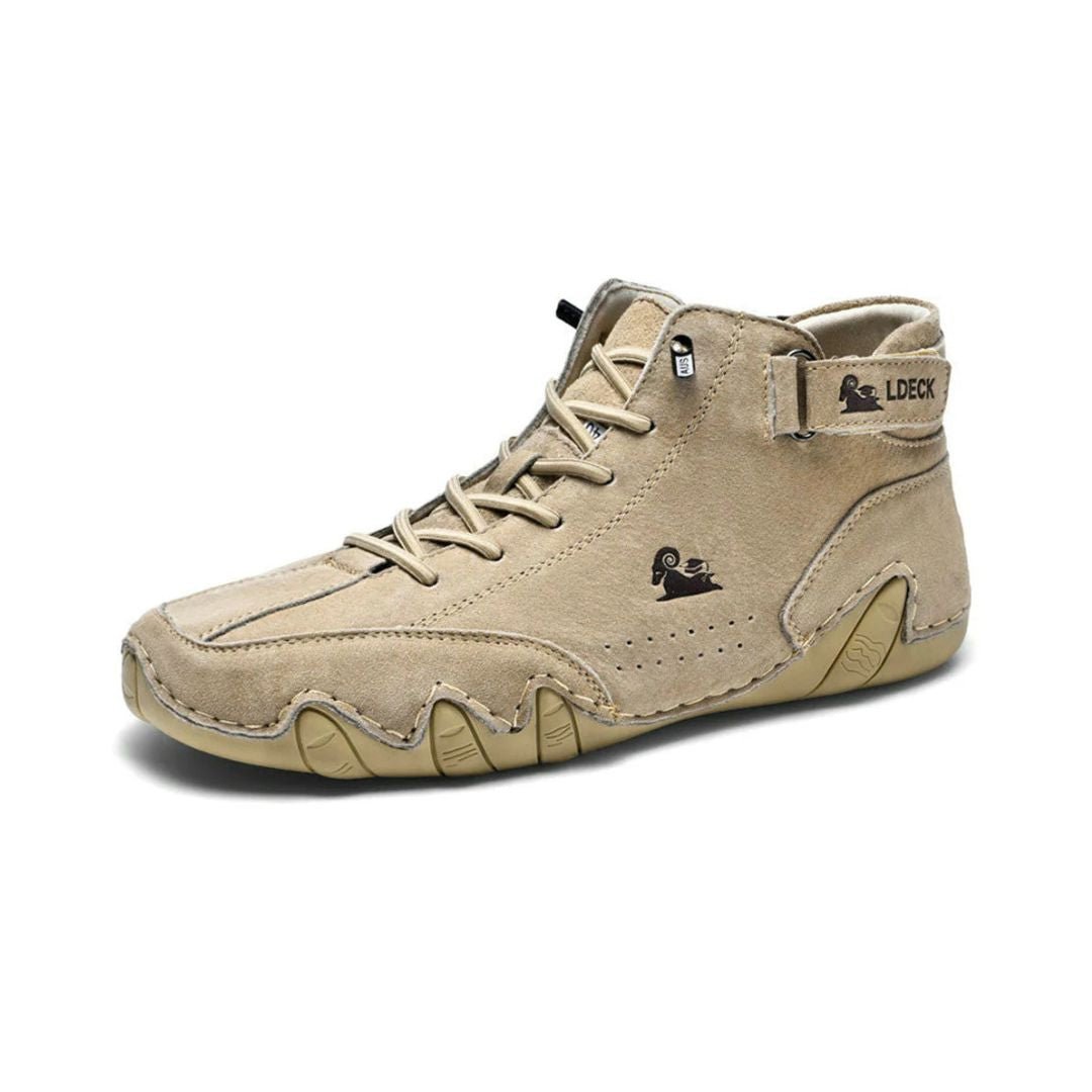 Leather high-top orthopedic shoes covering the ankle, in brown, white, gray, black and khaki