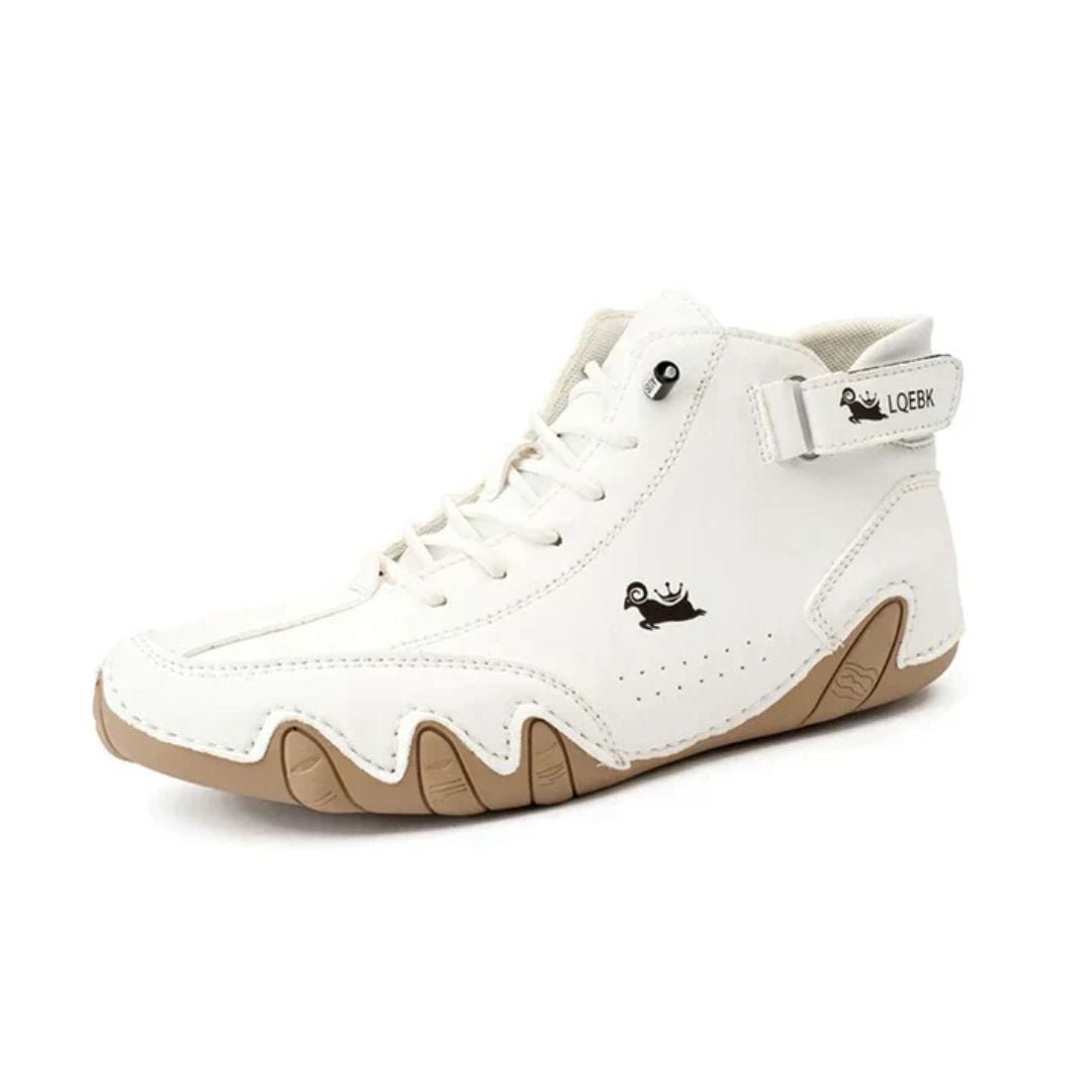 Leather high-top orthopedic shoes covering the ankle, in brown, white, gray, black and khaki