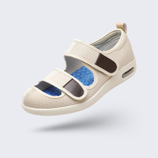 Open orthopedic summer shoes with a cushioned footbed, in beige, black, gray and blue