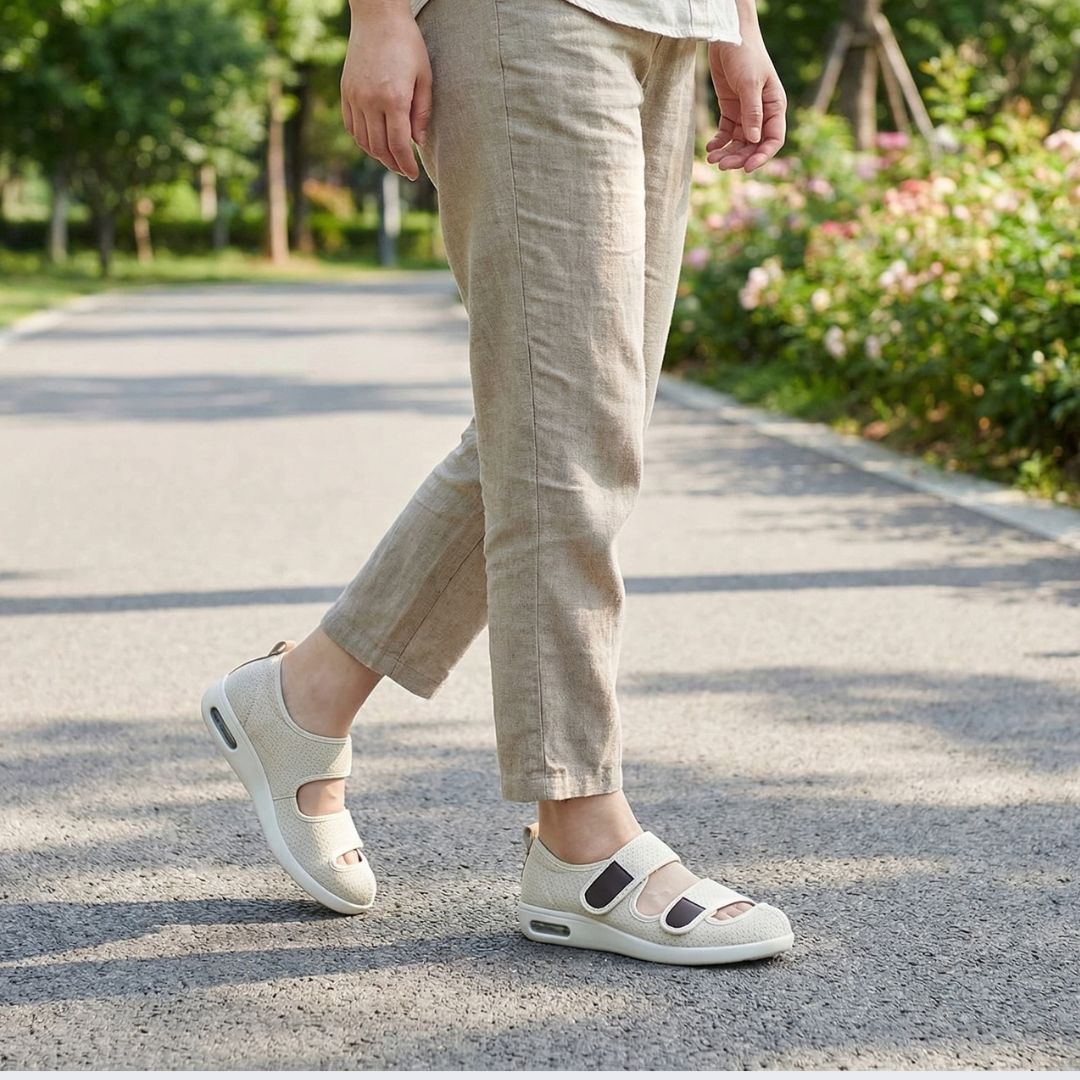 Open orthopedic summer shoes with a cushioned footbed, in beige, black, gray and blue