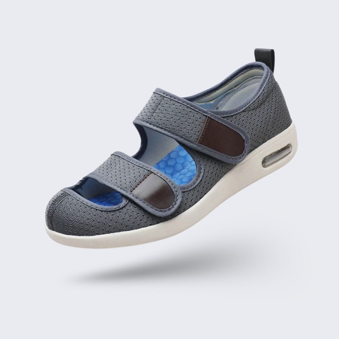 Open orthopedic summer shoes with a cushioned footbed, in beige, black, gray and blue