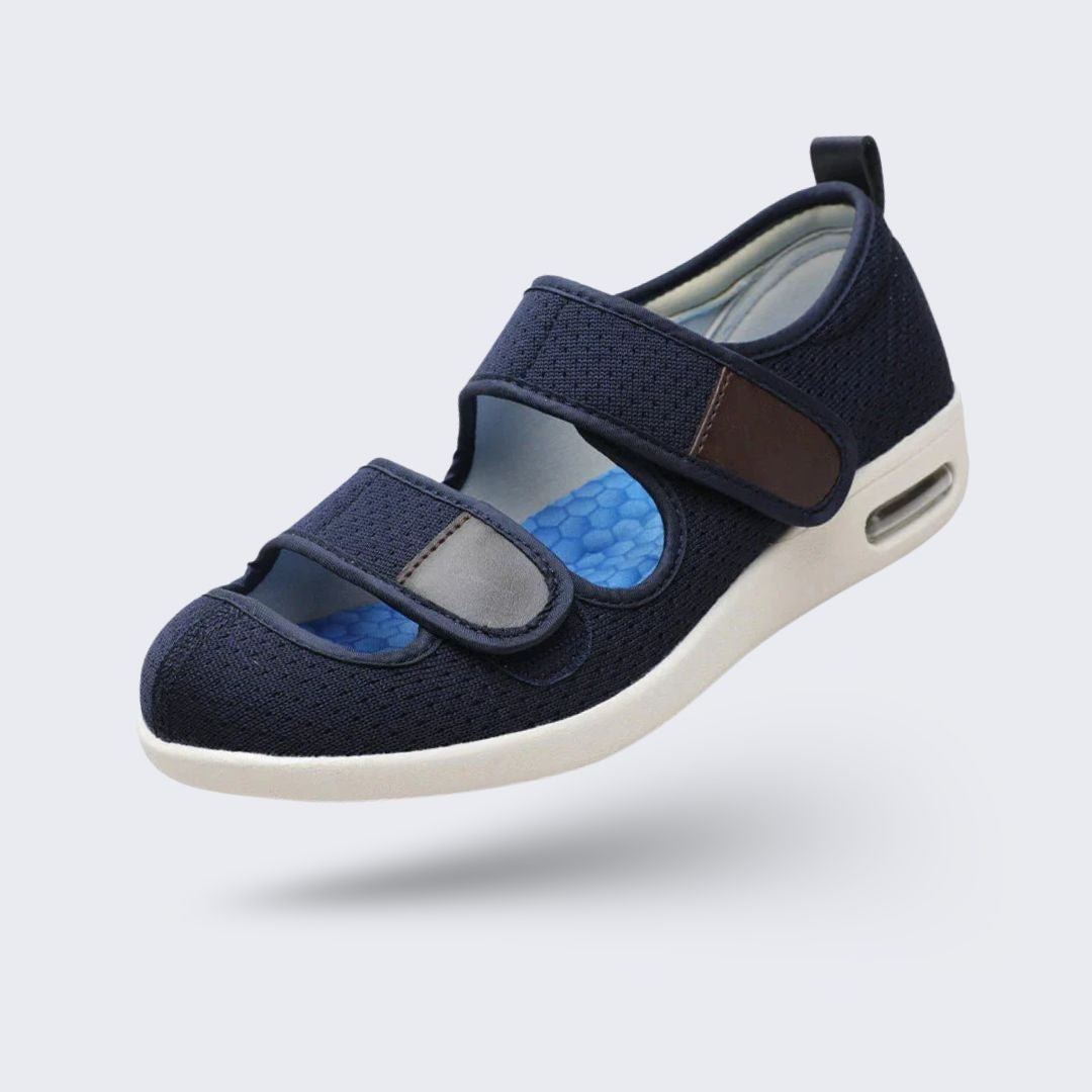 Open orthopedic summer shoes with a cushioned footbed, in beige, black, gray and blue