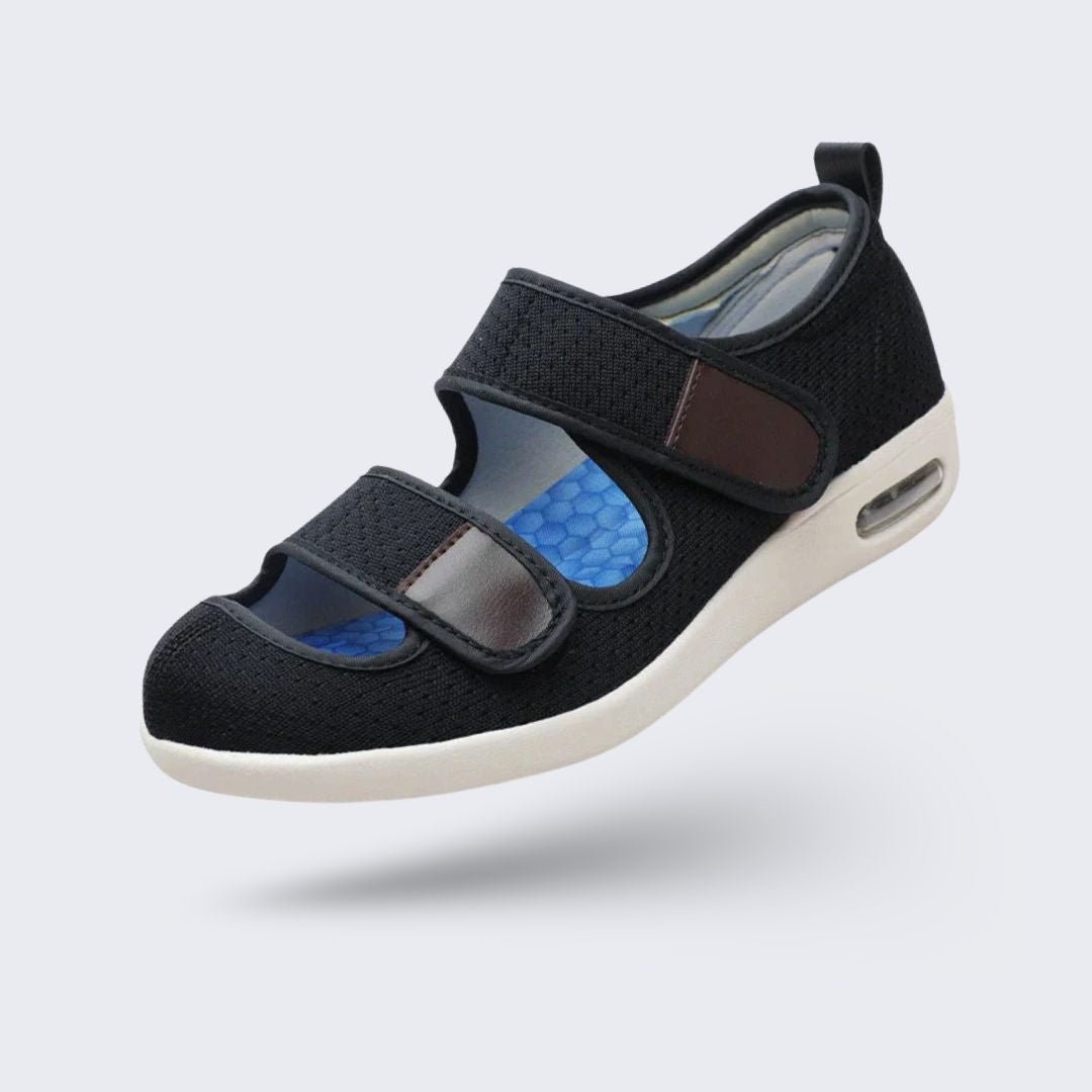 Open orthopedic summer shoes with a cushioned footbed, in beige, black, gray and blue