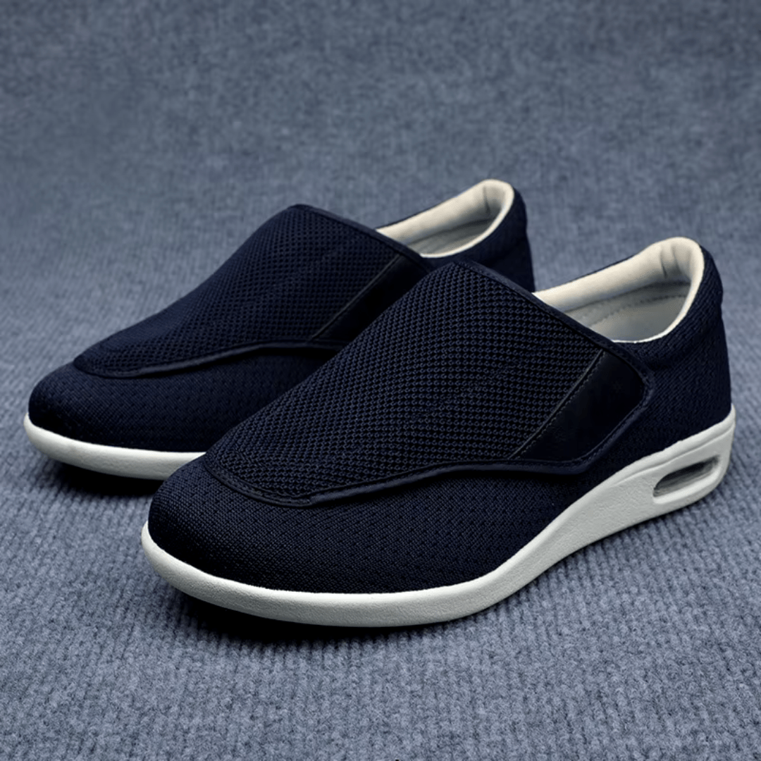 Wide slip-on shoes for diabetic feet with stretch knit uppers, in beige, dark blue and gray melange
