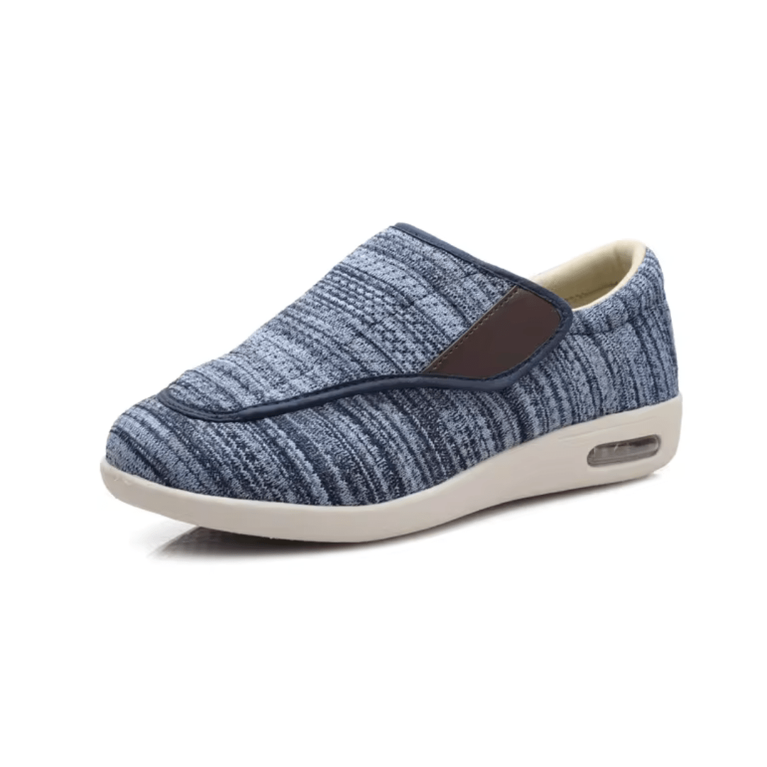 Wide slip-on shoes for diabetic feet with stretch knit uppers, in beige, dark blue and gray melange