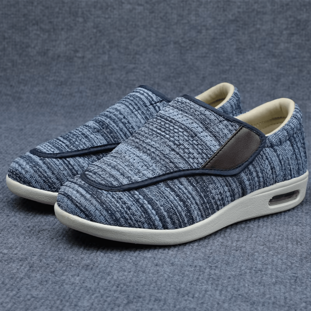 Wide fit orthopedic shoes for sensitive feet, in beige, light blue melange, dark blue and gray