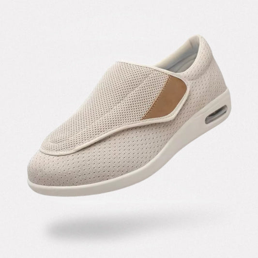 Wide slip-on shoes for diabetic feet with stretch knit uppers, in beige, dark blue and gray melange