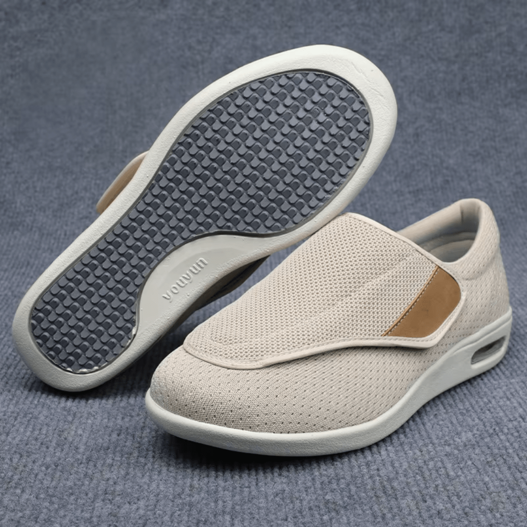 Wide fit orthopedic shoes for sensitive feet, in beige, light blue melange, dark blue and gray