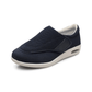 Wide slip-on shoes for diabetic feet with stretch knit uppers, in beige, dark blue and gray melange