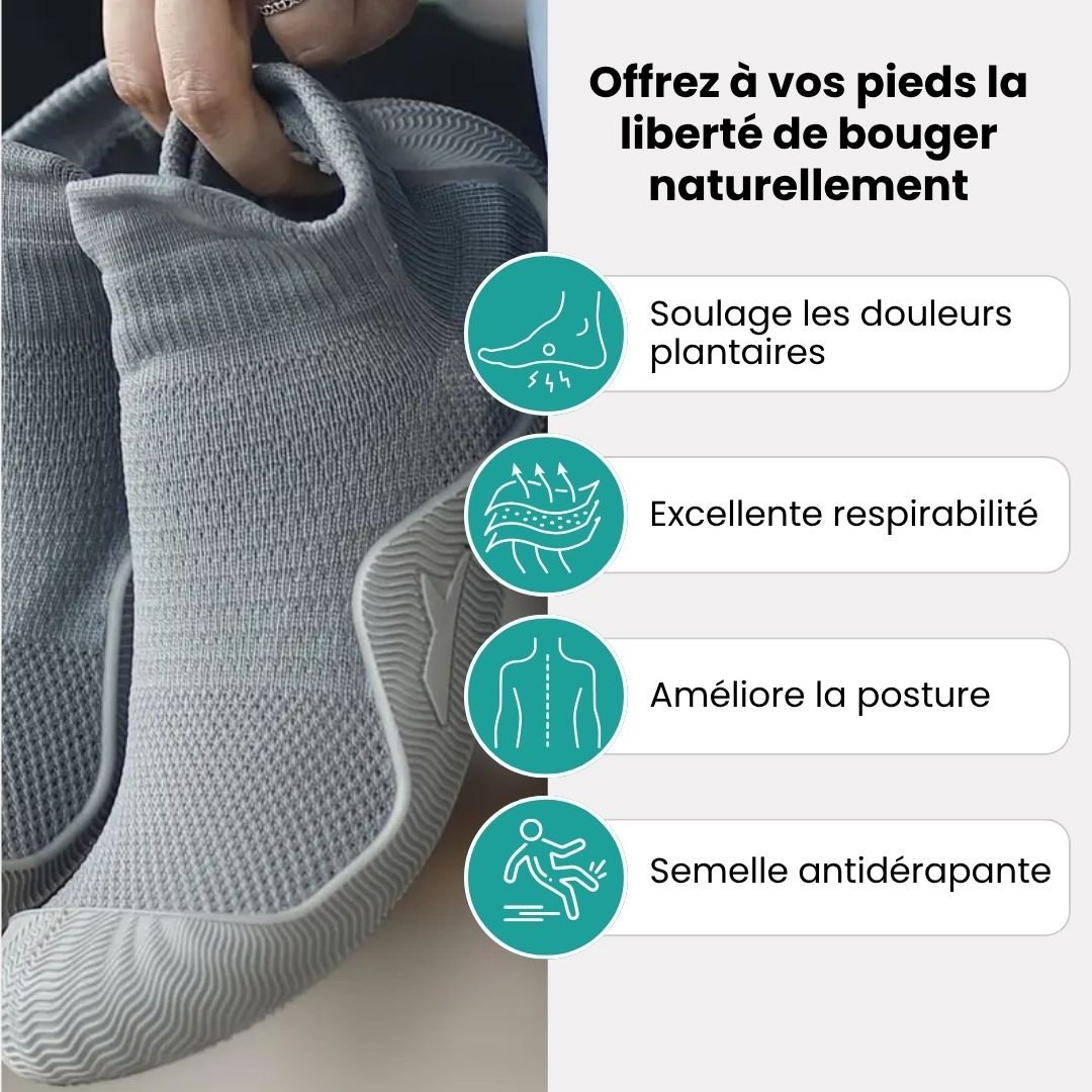 Soft barefoot style orthopedic shoes with a thin flexible sole, in gray, black, white or purple
