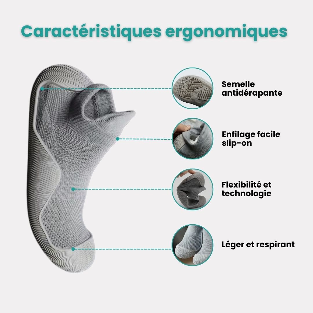 Soft barefoot style orthopedic shoes with a thin flexible sole, in gray, black, white or purple