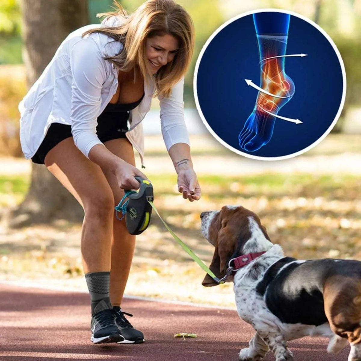 Compression ankle brace in green or gray, sleeved over the arch and the ankle