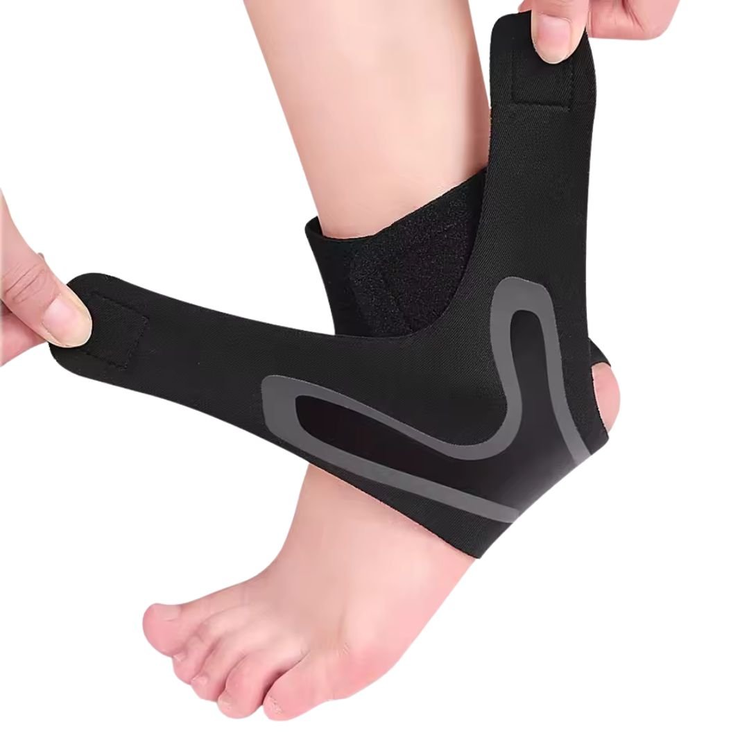 Ankle support brace in gray or white, wrapped around the ankle and closed with straps