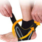 Ankle support brace in gray or white, wrapped around the ankle and closed with straps