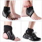 Ankle support brace in gray or white, wrapped around the ankle and closed with straps